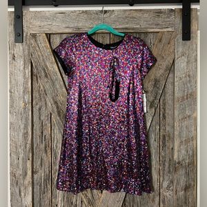 Three Pink Hearts Girls Rainbow Sequin Dress with Matching Headband Size XL NWT